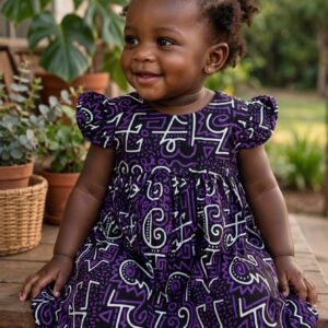 Vestido Tecido Africano com arabescos lilás e branco.

TM - Veste 06 a 18 meses